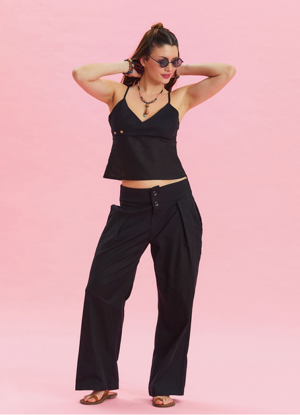 Pleated Bias Cut Buttoned Black Bohemian Trousers 4466